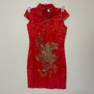 Cosplay Life Red and Gold Phoenix Brocade Chinese Traditional Cheongsam Dress S